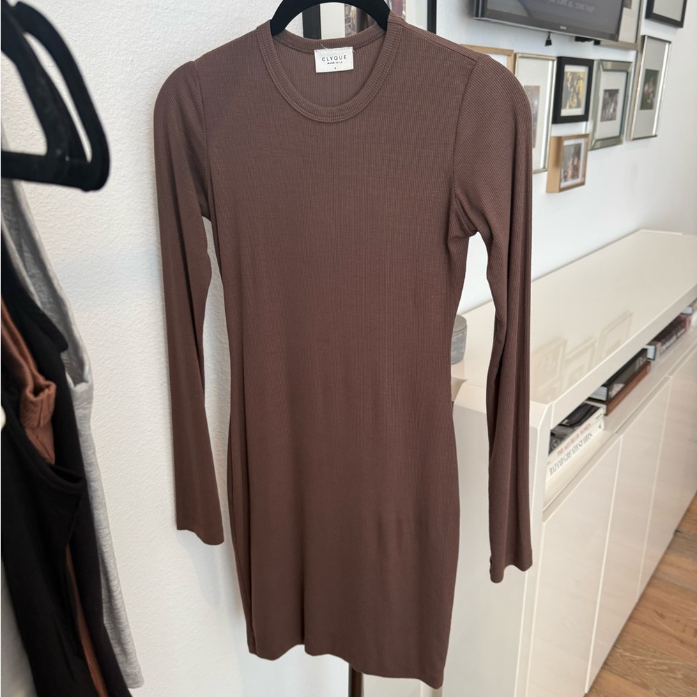 CLYQUE Tiana Long Sleeve Dress in Brown, Size Small
